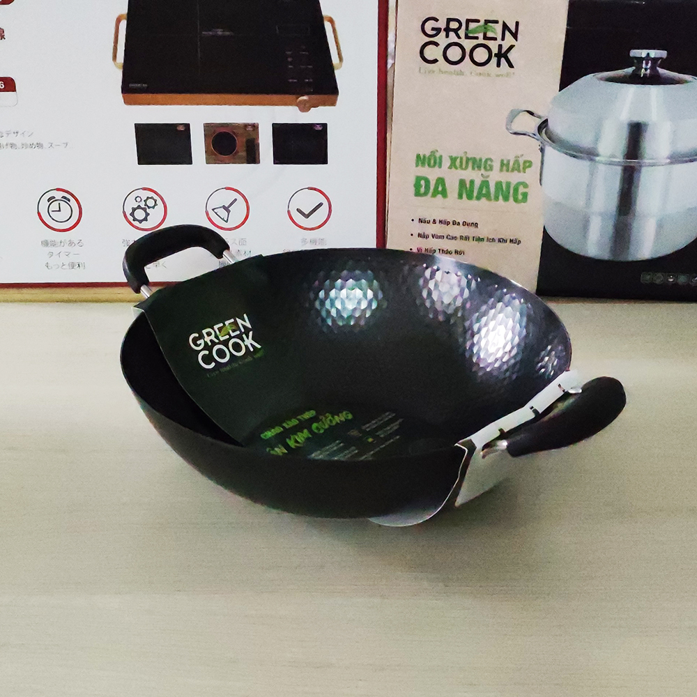 Chảo thép vân kim cương Greencook GCW02 size 32 - 34cm, chống dính tự nhiên, lòng chảo vân dạng kim cương hạn chế trầy - Hàng chính hãng