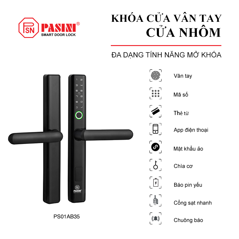 Khóa điện tử thông minh khóa vân tay cửa nhôm PASINI PS01AB35 (Đen) PS02AS35 (Bạc) cho cửa nhôm xingfa, sắt, inox