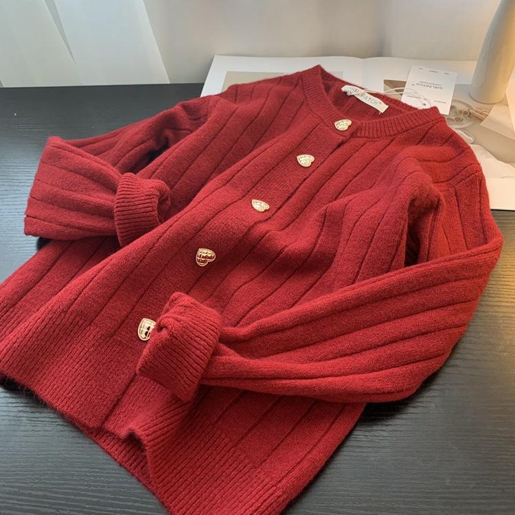 Áo khoác cardigan thu đông chất liệu len dày màu đỏ siêu xinh phong cách trẻ trung