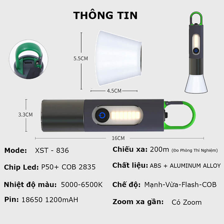 Đèn pin cầm tay siêu sáng chiếu xa 200m Zoom xa gần, Đèn pin Led cầm tay có móc treo, pin trâu, chống thấm nước IPX4-XST836