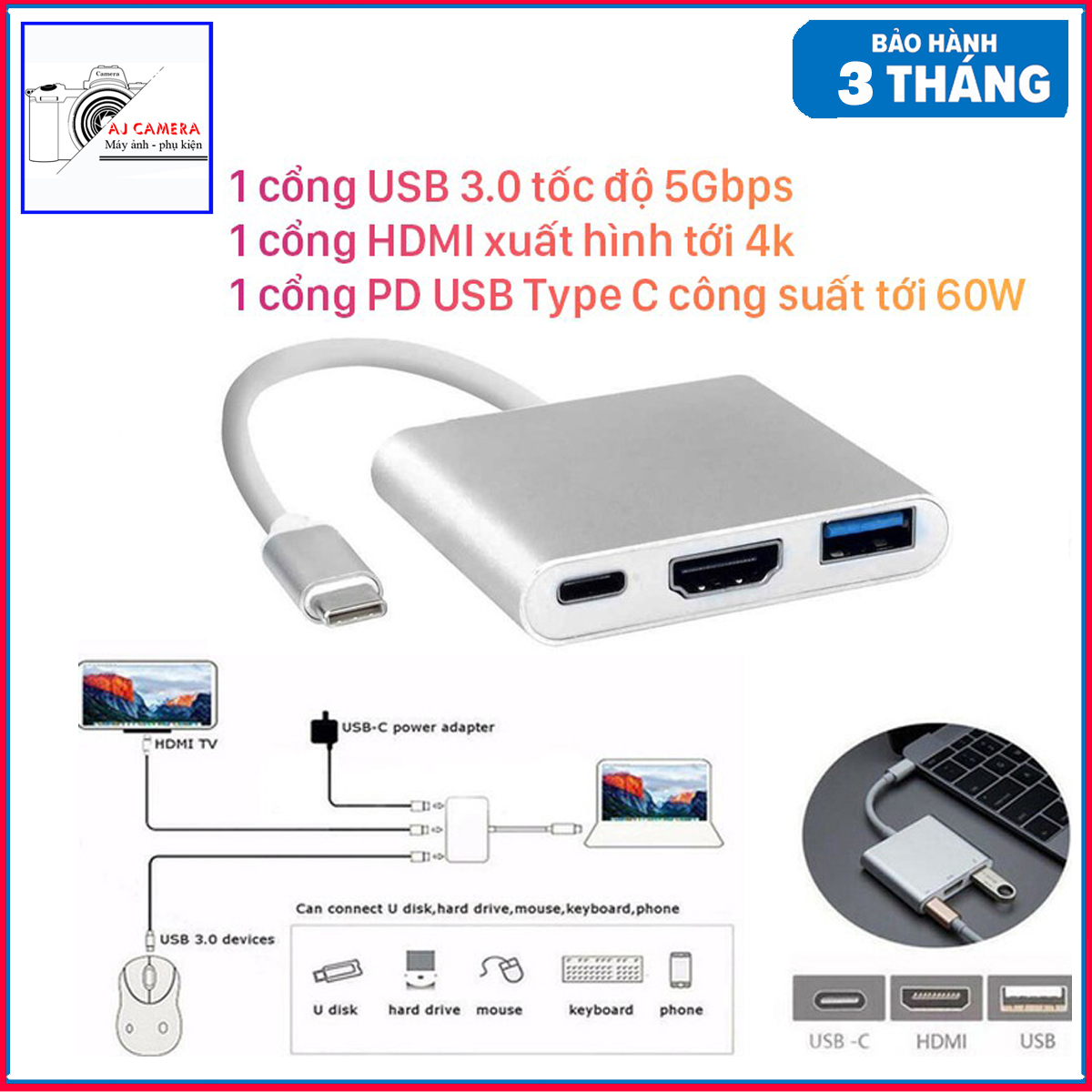 Hub chuyển đổi USB Type C 3in1 sang HDMI, USB 3.0, cổng sạc nhanh PD Type-C dành cho Laptop, Macbook, Điện thoại, Samsung Dex