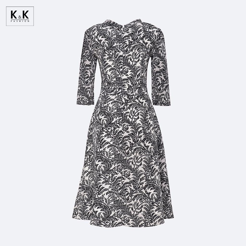 Đầm Xòe Công Sở Họa Tiết Tay Lửng K&amp;K Fashion KK119-18 Chất Liệu Lụa