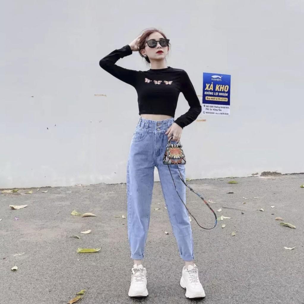 Quần bò jeans nữ dáng baggy lưng siêu cao 2 nút ,đai chéo, thời trang mới tại thuydieushop96 bg1