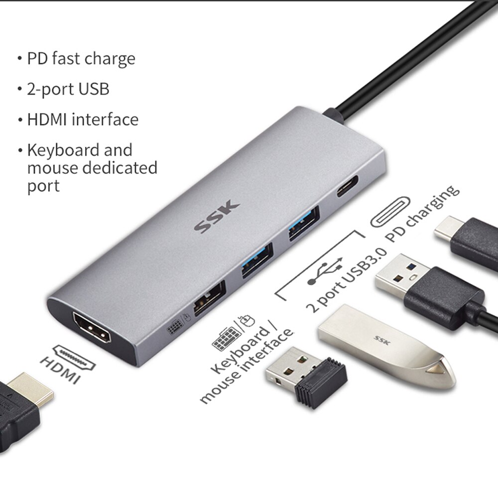 Bộ hub chuyển đa năng SSK SC102 từ TypeC ra USB/HDMI/typeC sạc PD (bạc) HÀNG CHÍNH HÃNG