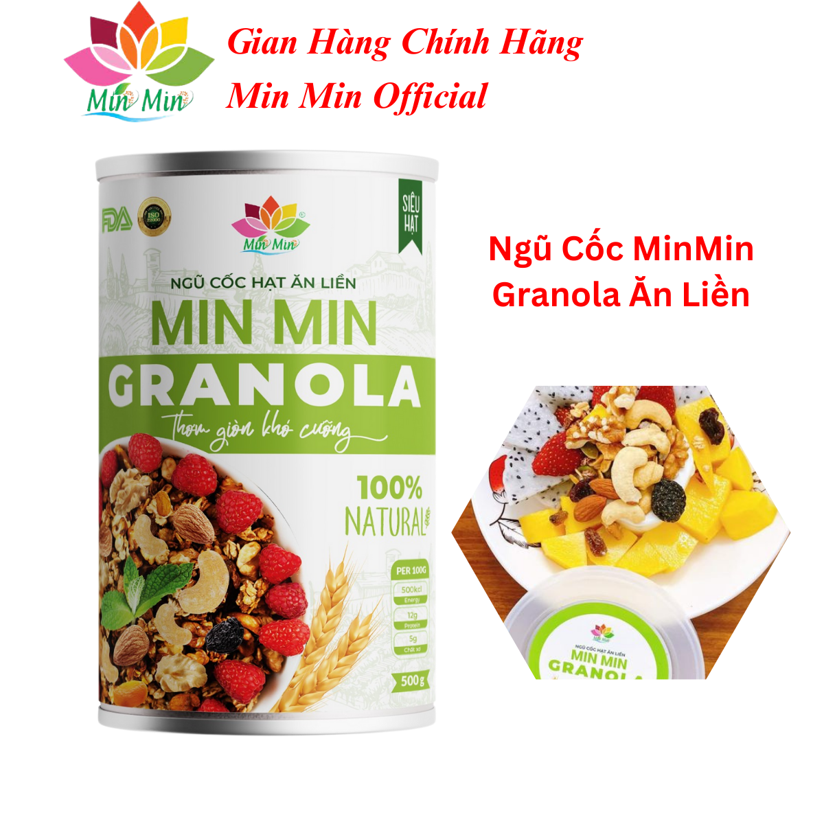 Ngũ Cốc Hạt Min Min Ăn Liền GRANOLA - Ngũ Cốc Ăn Liền Min Min Vị Truyền Thống - Ngũ cốc mix hoa quả xấy (1hộp 500Gr)