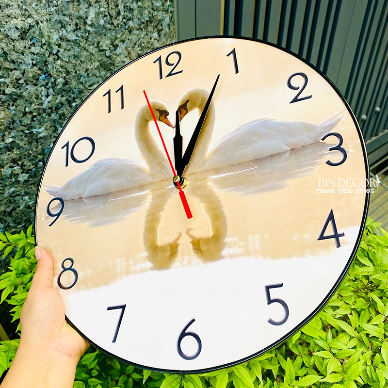 (CÓ ẢNH THẬT) Tranh đồng hồ tròn tráng gương đôi thiên nga kèm pin và đinh