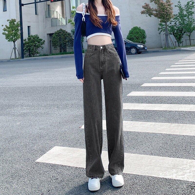 Quần jeans nữ cạp cao ống rộng 1 cúc retro mẫu mới 2022 hàng Quảng Châu mã #661