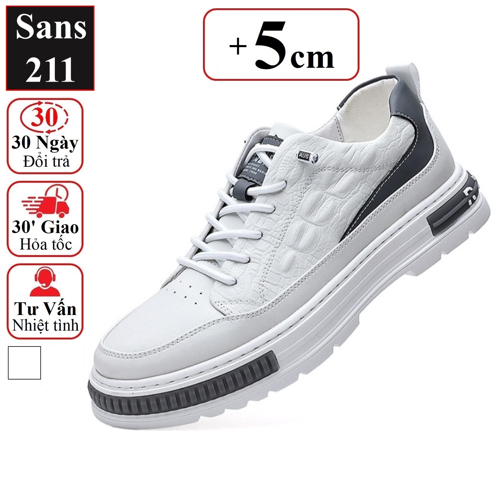 Giày thể thao nam độn đế 6cm Sans211 sneaker da bò thật tăng chiều cao đẹp màu trắng có size nhỏ 37 vân cá sấu full box