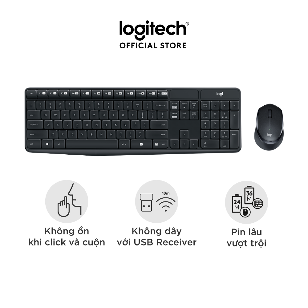 Bộ Bàn Phím Và Chuột Không Dây Logitech MK315 Silent giảm 99% tiếng ồn - Hàng chính hãng