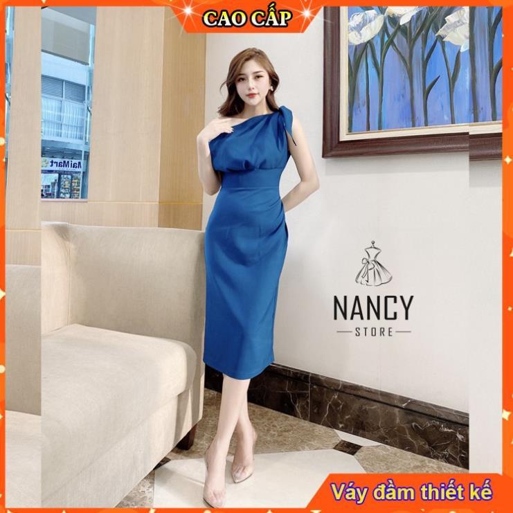 Đầm váy nữ body cổ chéo, dáng dài cao cấp sang chảnh dự tiệc công sở màu xanh Nancy A49