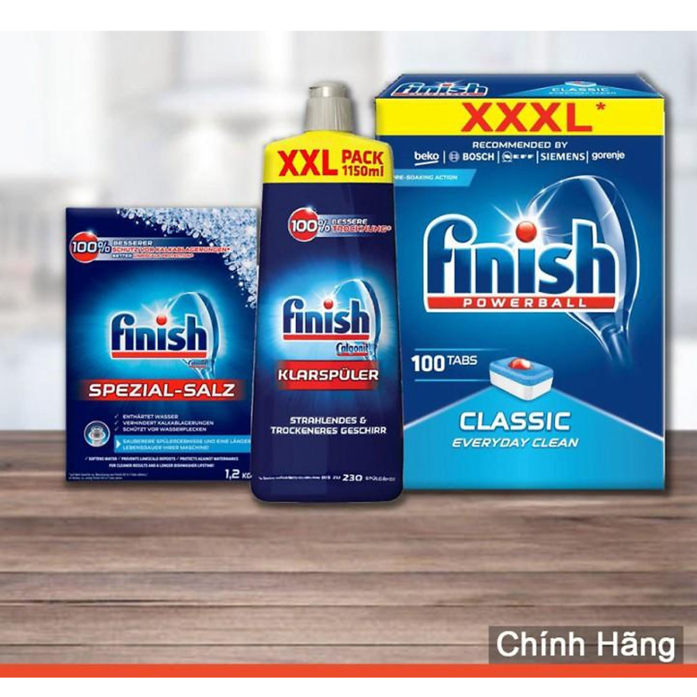 Combo rửa bát Finish Classic 100 viên + Muối 1.2kg + Nước bóng 1150ml