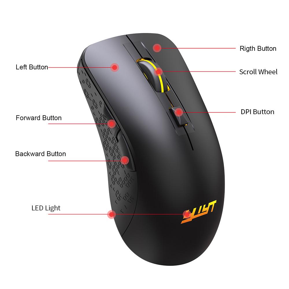 Chuột không dây có thể sạc lại YWYT 2.4G với bộ thu USB Chuột không dây BT 5.1 3 mức DPI có thể điều chỉnh / 6 nút