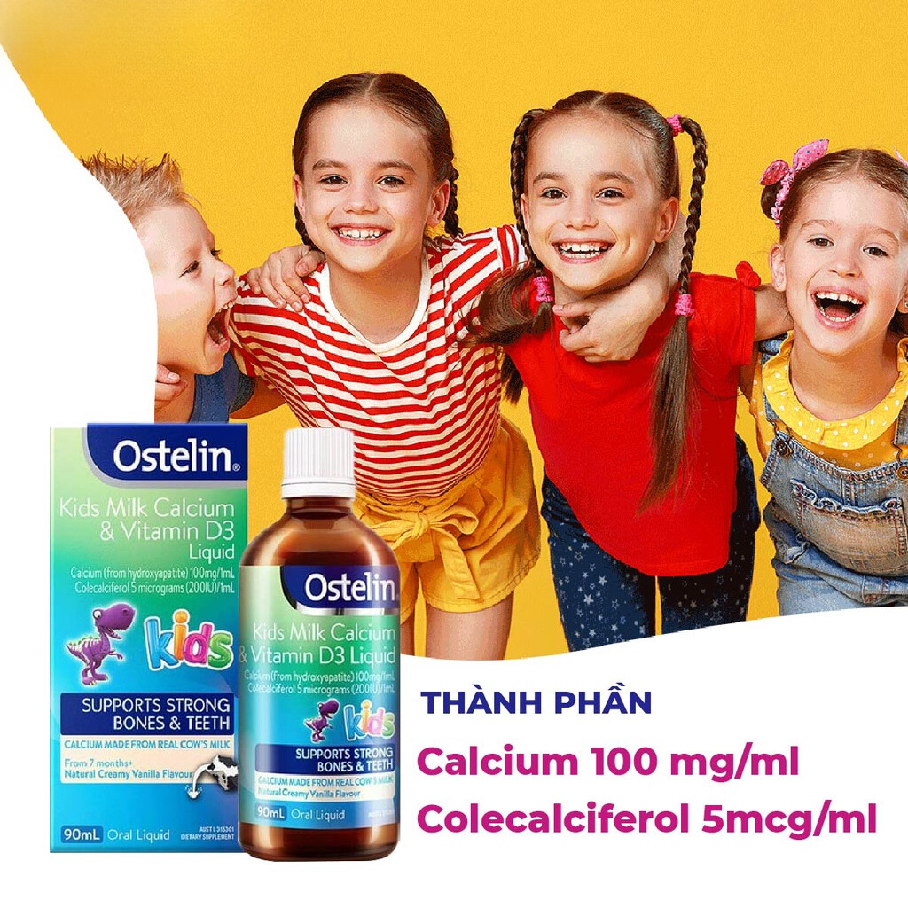 Vitamin D3 200IU và Canxi dạng nước cho bé Ostelin Kids Milk Calcium & Vitamin D3 Liquid 90ml của Úc