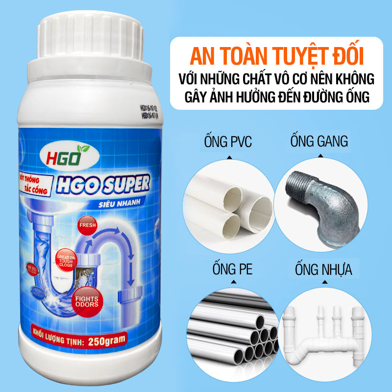 Bột thông cống HGO SUPER dùng thông tắc bồn cầu, bồn rửa bát, đường ống siêu nhanh, siêu mạnh, siêu an toàn 250gram