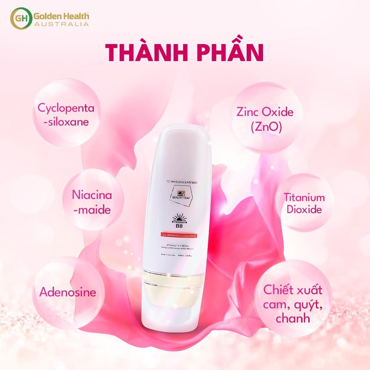 [GOLDEN HEALTH] Kem Chống Nắng Beauty Leaf SPF50+ 50ml, Tinh Chất Chống Nắng Nâng Tone,Chống Nước Ngăn Chặn Và Bảo Vệ Da Dưới Tác Hại Của Tia UVA, UVB Từ Ánh Nắng Mặt Trời Beauty Leaf CC Whitening Sunscreen