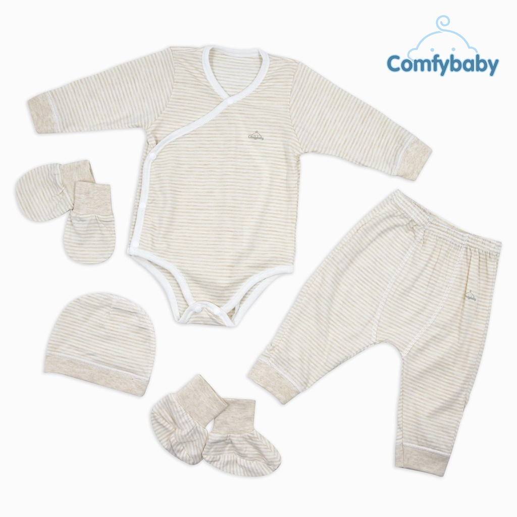 Set Bodysuit sơ sinh 5 món ComfyBaby (quần áo dài tay, bao tay chân, mũ) kẻ sọc