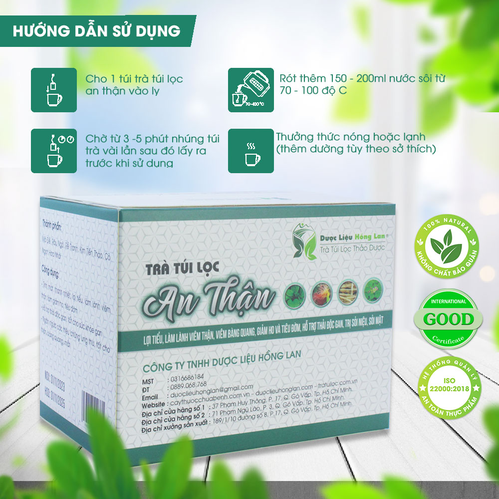 Trà An Thận - Bổ Thận túi lọc hộp 60g Dược Liệu Hồng Lan Lợi tiểu, hỗ trợ thải độc gan, trị sỏi niệu, sỏi mật,...
