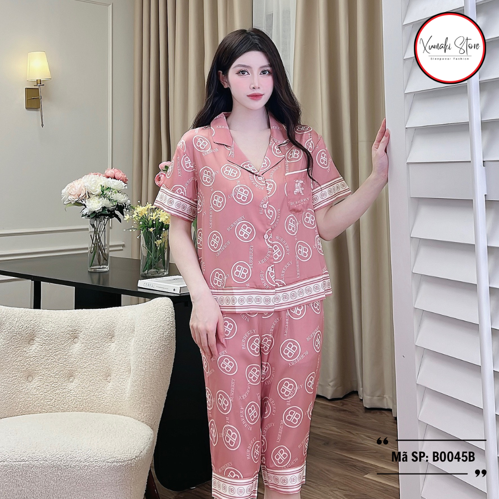 Bộ pyjama nữ áo cộc quần ngố họa tiết chữ chất lụa cao cấp Xumaki Store BO041B