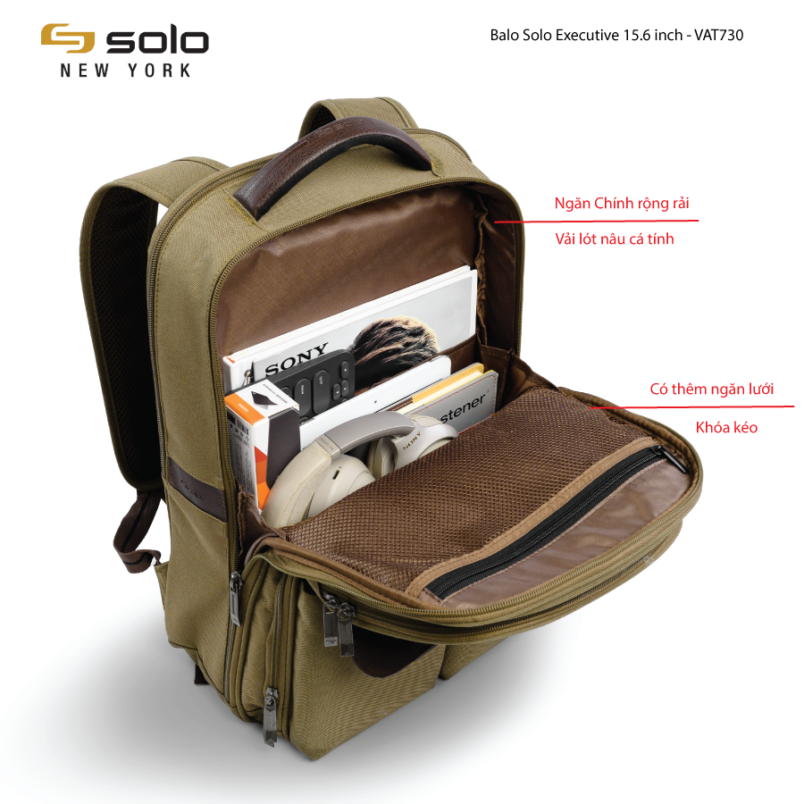 Balo Solo Executive 15.6 inch - Màu Nâu Coffe - VTA730 - Bảo hành chính hãng 5 năm quốc tế