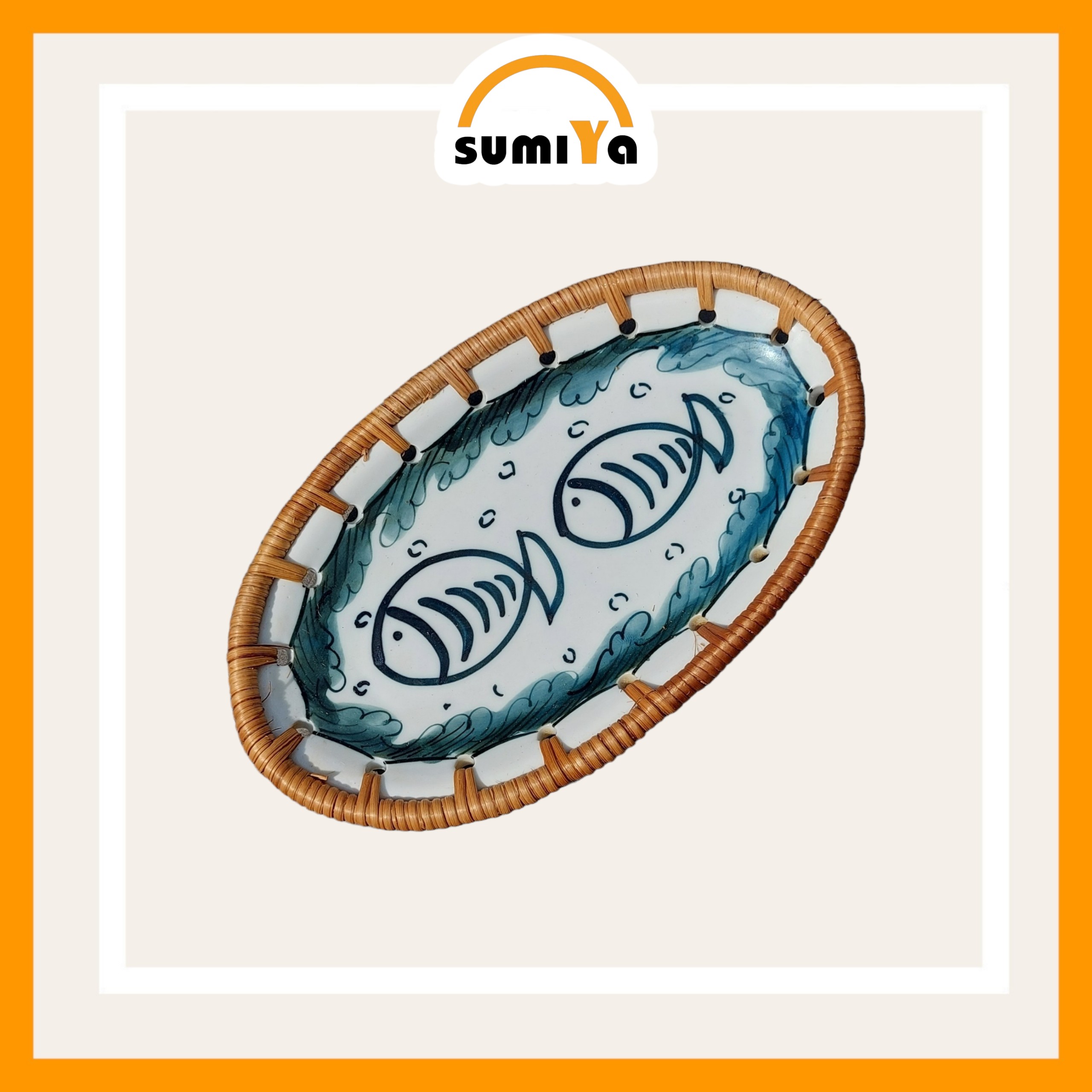 Đĩa mây xiên khảm sứ oval, đĩa mây tự nhiên đựng trái cây, bánh kẹo, trang trí