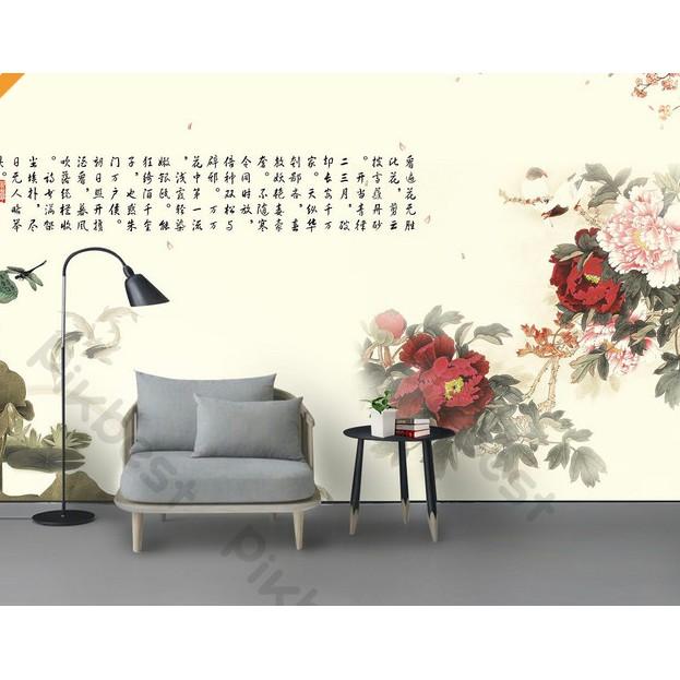 Tranh dán tường Tranh thư pháp hoa đỗ quyên mẫu đơn đẹp, Tranh 3d dán tường hiện đại MS641311