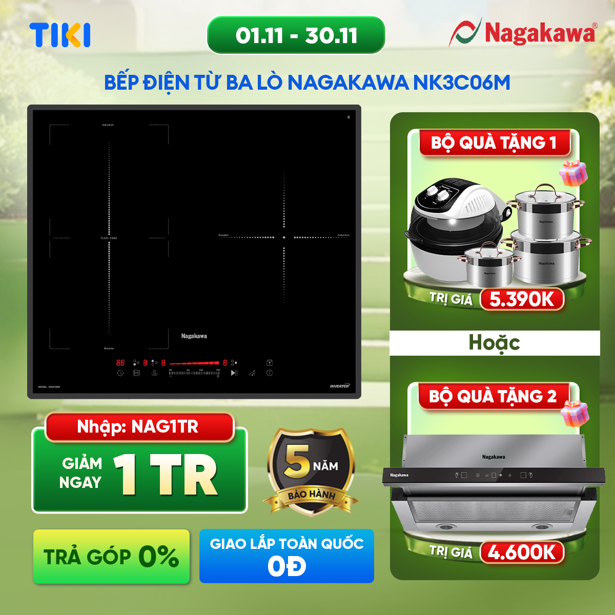 Miễn phí giao lắp toàn quốc - Bếp 3 lò điện từ Nagakawa UltraSlim NK3C06M - Made in Malaysia - Bảo hành 5 năm - Hàng chính hãng