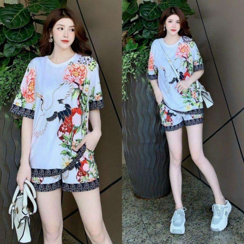 Bộ đùi nữ bigsize form rộng in họa tiết 3D hoa lá chim hạc cao cấp, sét bộ đi chơi, đồ bộ mặc nhà mùa hè mẫu mới đẹp