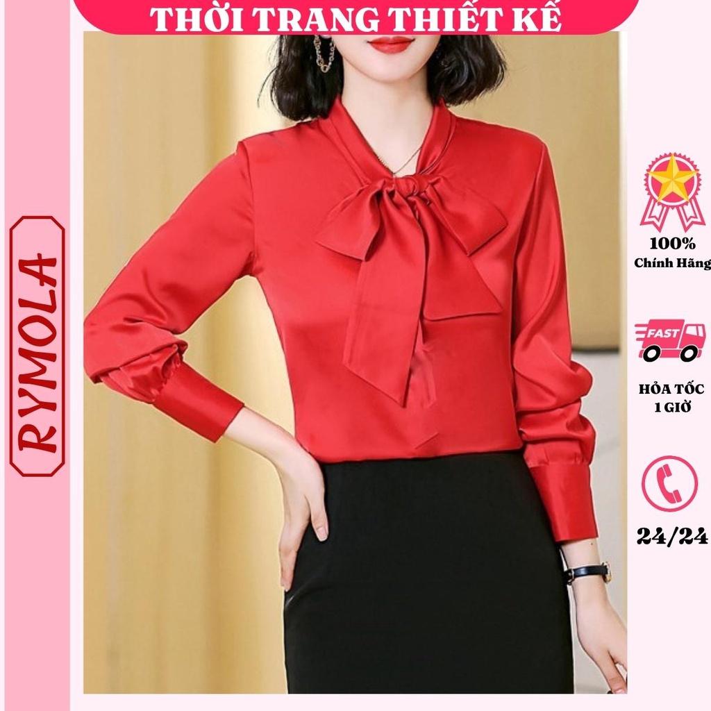 Áo Sơ Mi Kiểu Công Sở Đẹp MOLA Tay Dài Cổ Thắt Nơ Màu Đỏ Chất Lụa Cao Cấp From Rộng Hàn Quốc Ulzzang Vintage A1D