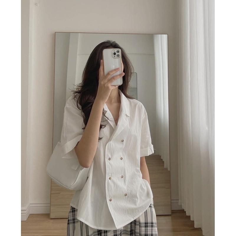 Áo sơ mi cổ vest hai hàng cúc chất thô đũi phong cách vintage