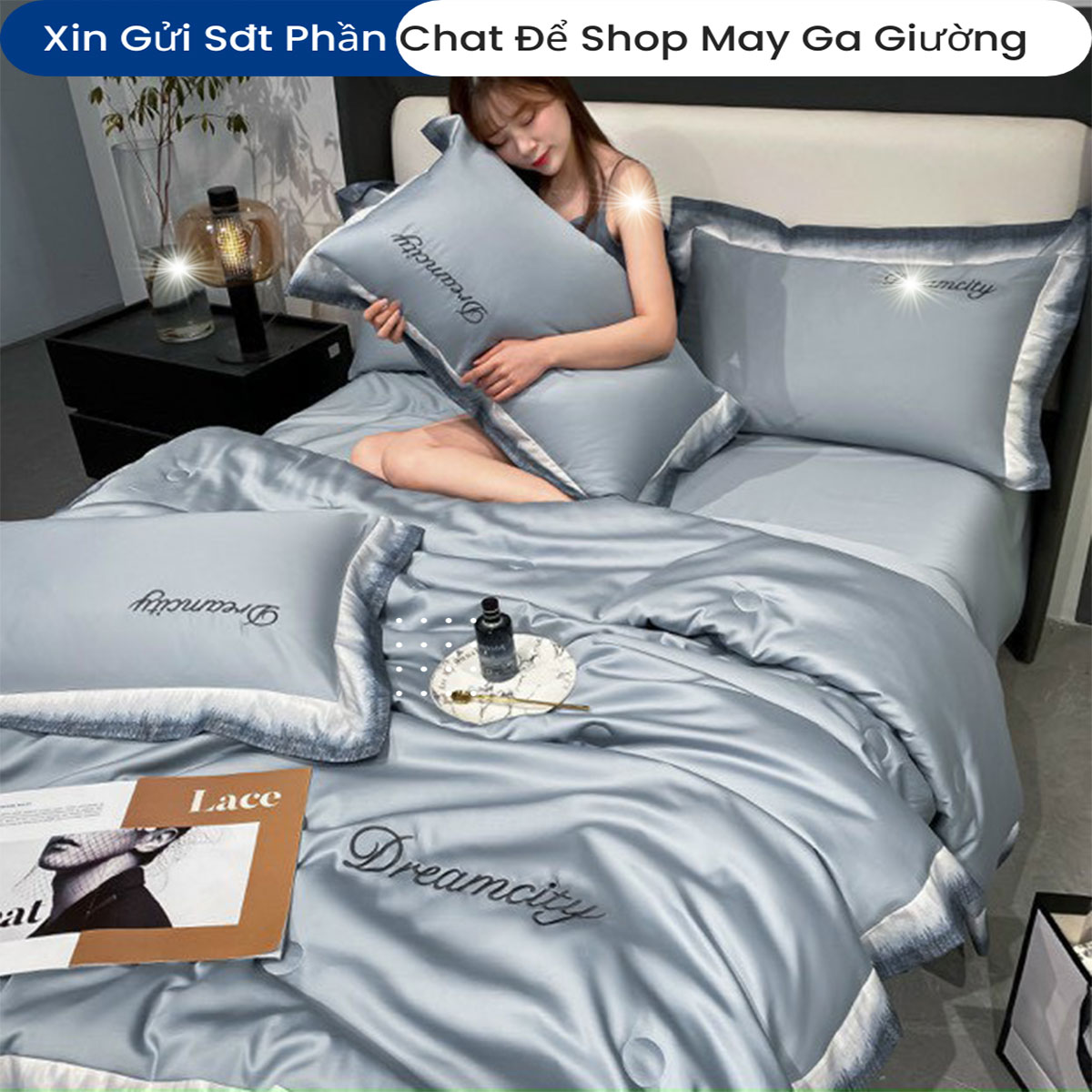 Bộ Chăn Ga Gối Đệm Lụa 5 Món Tencel Dream City Cao Cấp Chăn Chần Bông Lụa Mềm