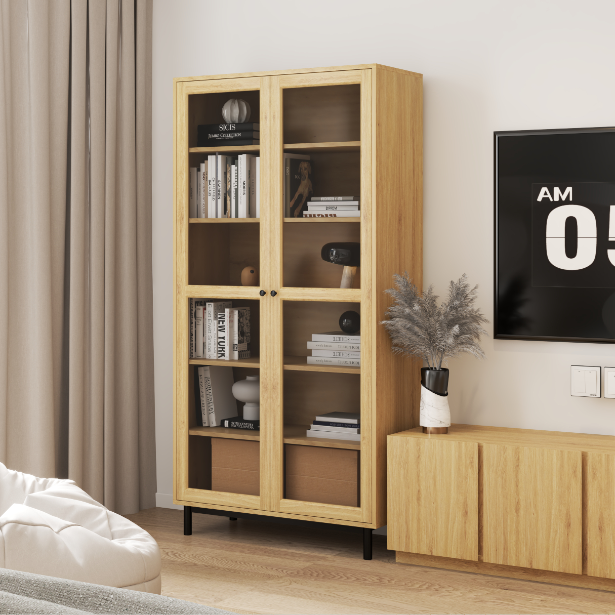 CATY , Kệ sách 6 tầng cửa kính - chân sắt , 90cm x 39cm x 180cm , KSA_021