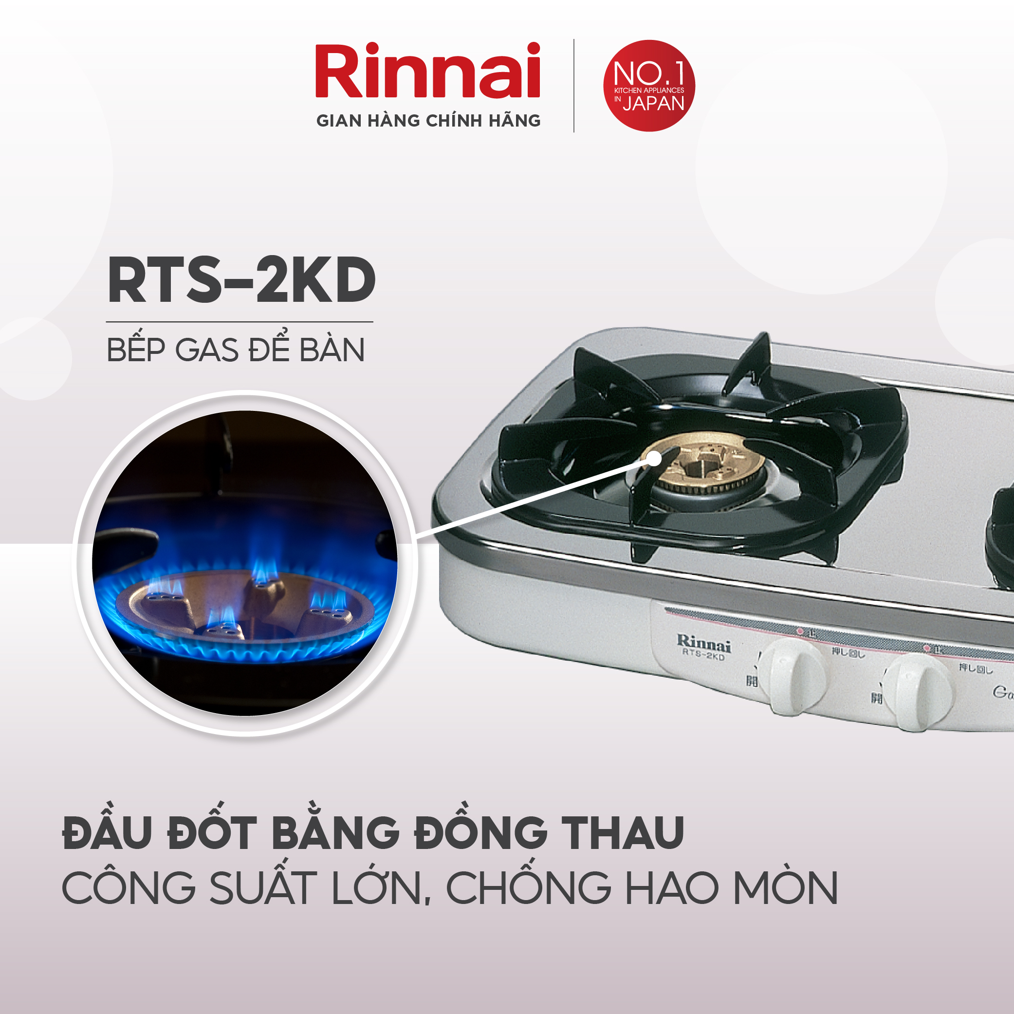 Bếp gas dương Rinnai RTS-2KD mặt bếp inox và kiềng bếp men - Hàng chính hãng.