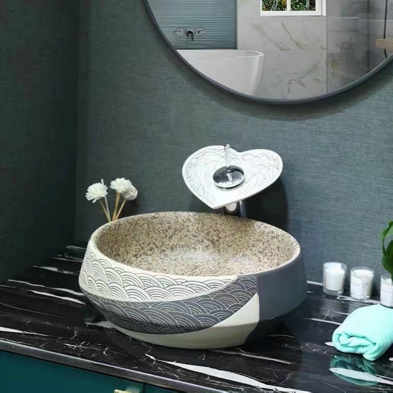 CHẬU RỬA MẶT LAVABO GỐM SỨ ĐẶT BÀN HÌNH TRÒN HỌA TIẾT HOA VĂN4