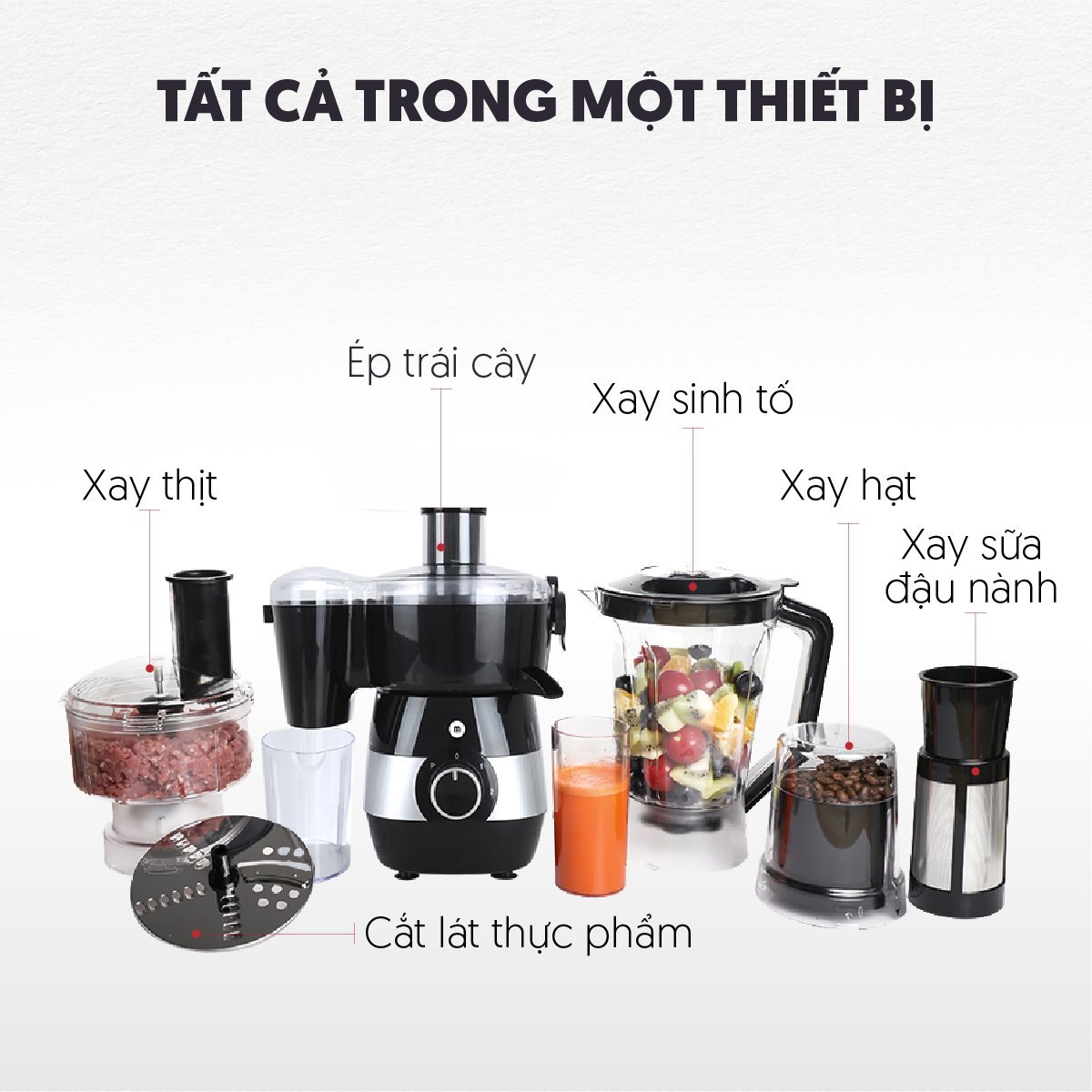 Máy xay sinh tố, ép trái cây, xay khô, cắt lát, bào sợi, xay thịt 7 trong 1