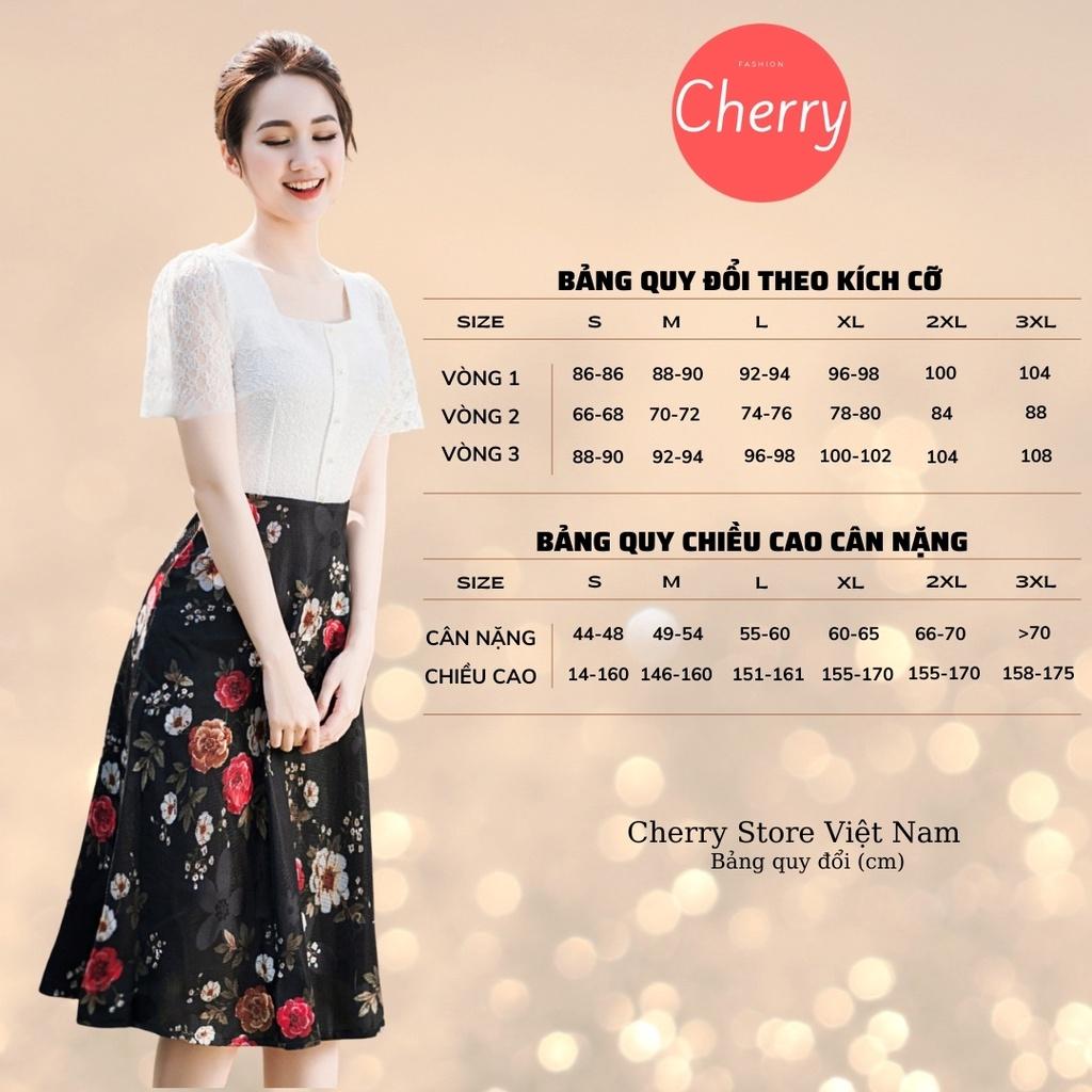 Váy hoa nhí công sở thiết kế liền thân chân váy dáng xòe, đầm nữ phối hoa đẹp Cherry Store V044