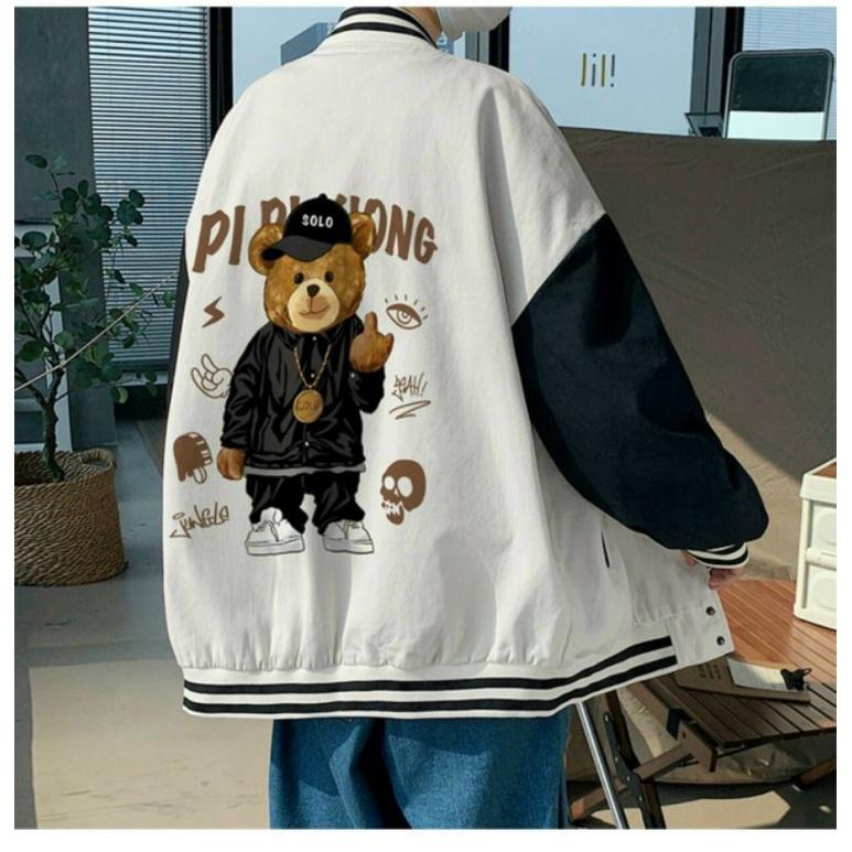 Áo khoác bomber form rộng nút bấm lưng in hình gấu teddy trẻ trung năng động genz