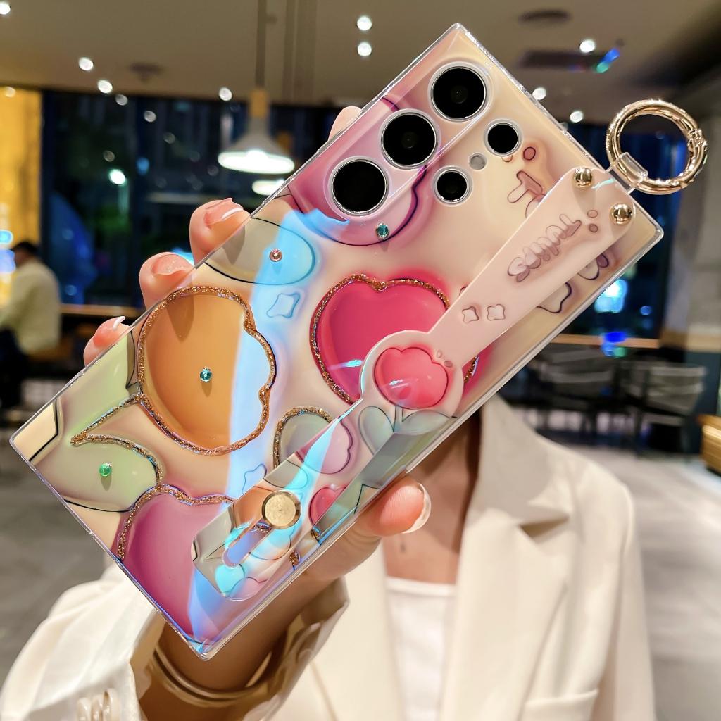 Ốp Lưng Cho Samsung S23 Ultra / S23 PLus Hoa 3D Kim Tuyến Đính Đá Có Dây Xỏ Tay Và Làm Gía Đỡ - Bum Store Galaxy Case