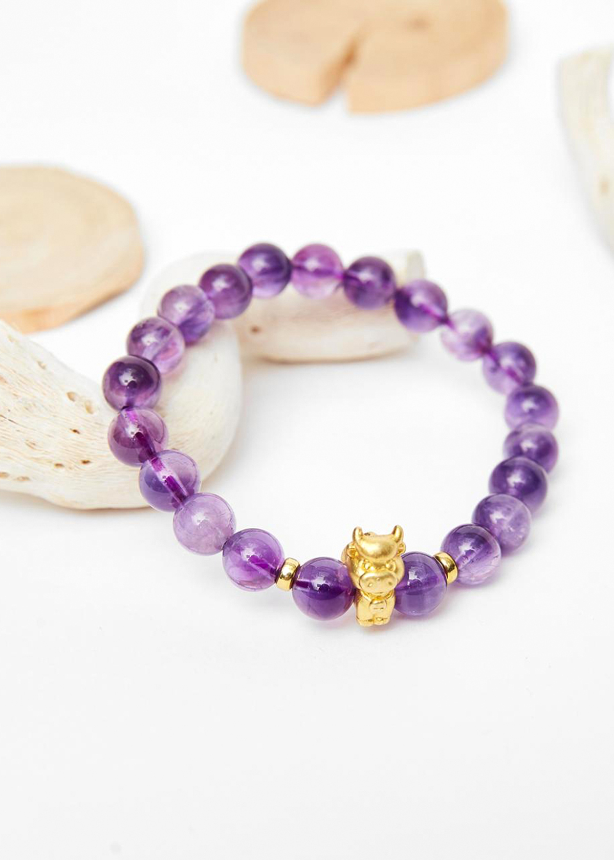 Vòng tay đá thạch anh tím charm tuổi sửu bạc mạ vàng 24K 8mm mệnh hỏa, thổ - Ngọc Quý Gemstones