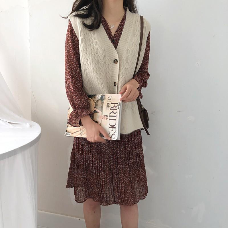 Gile Len | Áo Gile Len Dệt Kim Cổ V Dáng Rộng Ulzzang Kiểu Dáng Trẻ Trung, Hàng Quảng Châu