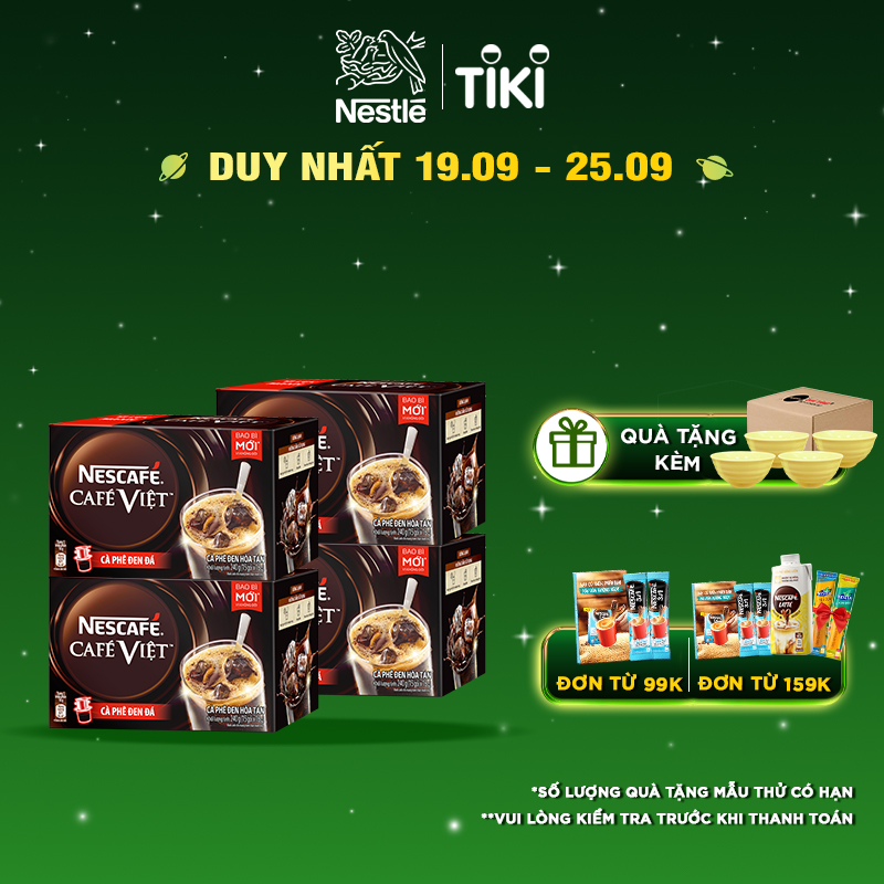 [Tặng bộ 4 chén sứ] Combo 4 hộp cà phê hòa tan Nescafé café Việt đen đá (Hộp 15 gói x 16g)