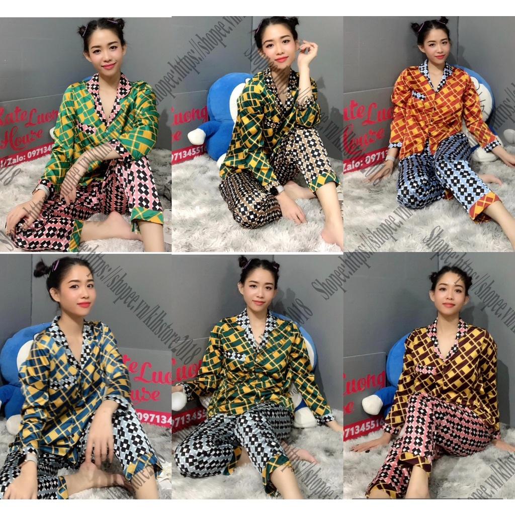 1. Đồ bộ cánh dơi Pijama Satin họa tiết lập phương dài TDQD mát mịn - KLHSTORE2018