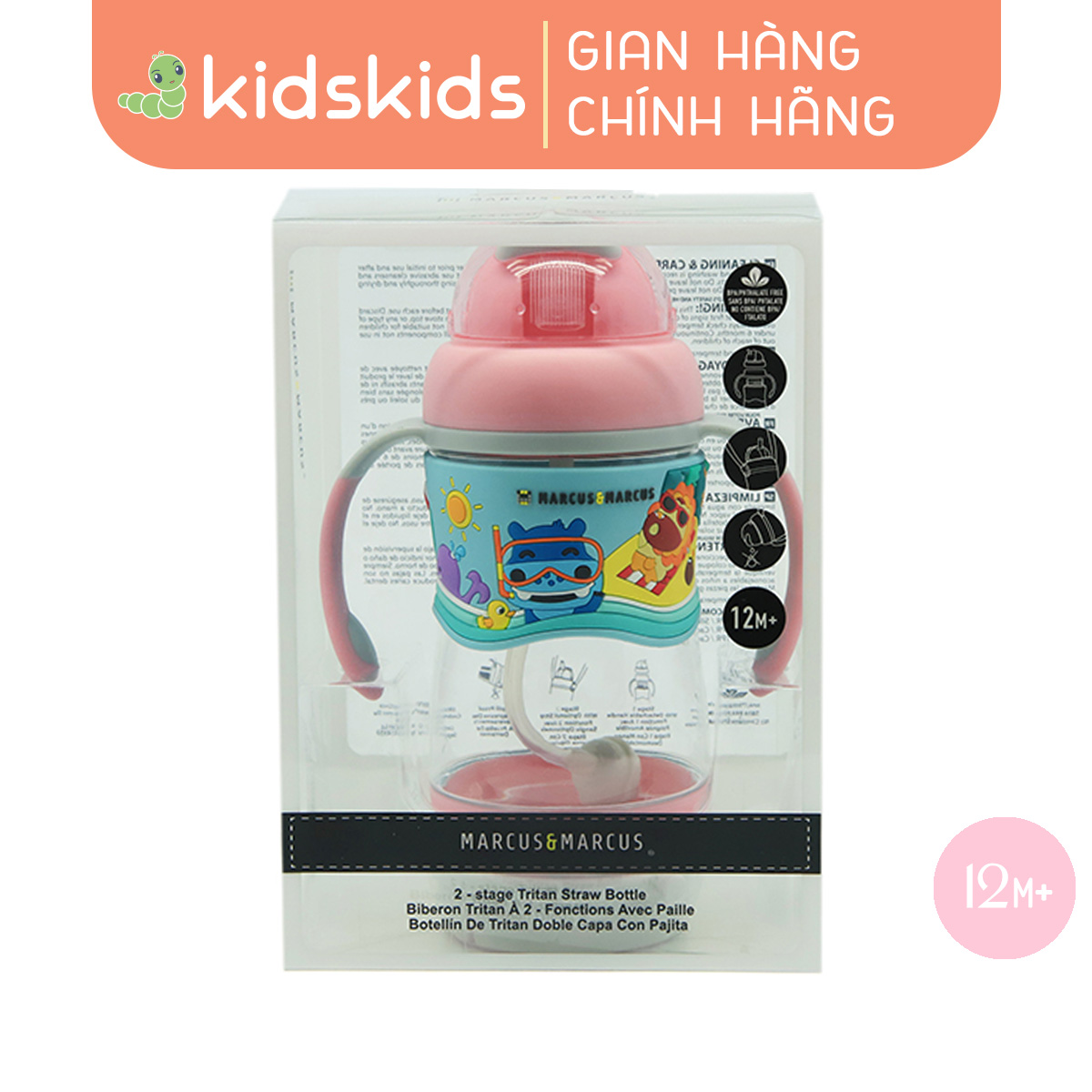 Bình uống nước có ống hút cho bé Tritan 2-Stage Marcus & Marcus, từ 12 tháng - Hồng