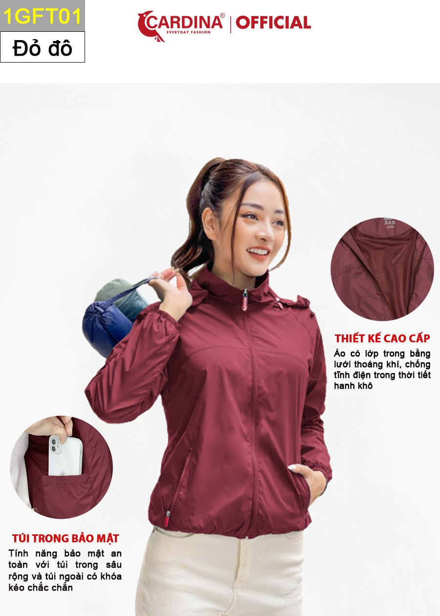 Áo Gió Nữ CARDINA 2 Lớp Chất Gió Trơn Lót Lưới Cao Cấp Cản Gió, Cản Bụi, Chống Nước 1GFT