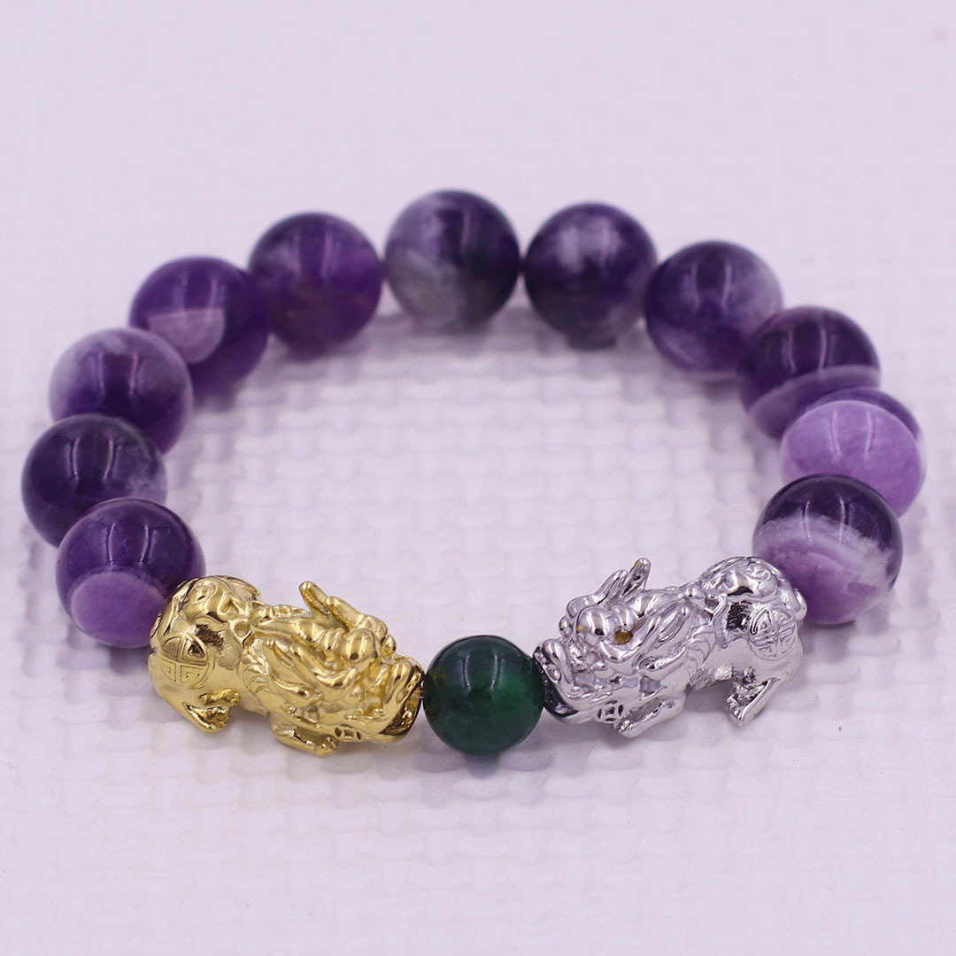 Vòng chuỗi đeo tay đa thạch anh tím than 12 ly charm tỳ hưu đôi inox trắng và vàng, vòng chuỗi phong thủy, charm tỳ hưu, vòng tay hạt chuỗi