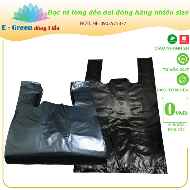 Bịch nilon, bọc nilon quai xách màu đen dẻo dai đựng rác, đóng hàng nhiều size - 1kg - E Green Dùng 1 Lần