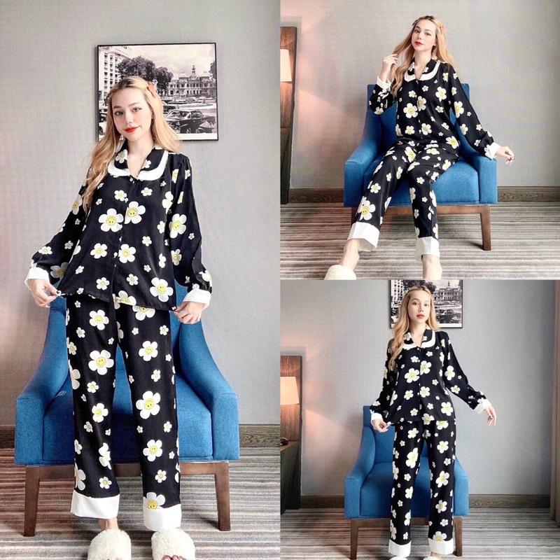 Bộ Pịama Lụa Tay Dài Quần Dài Thiết Kế xinh xắn size dưới 58kg