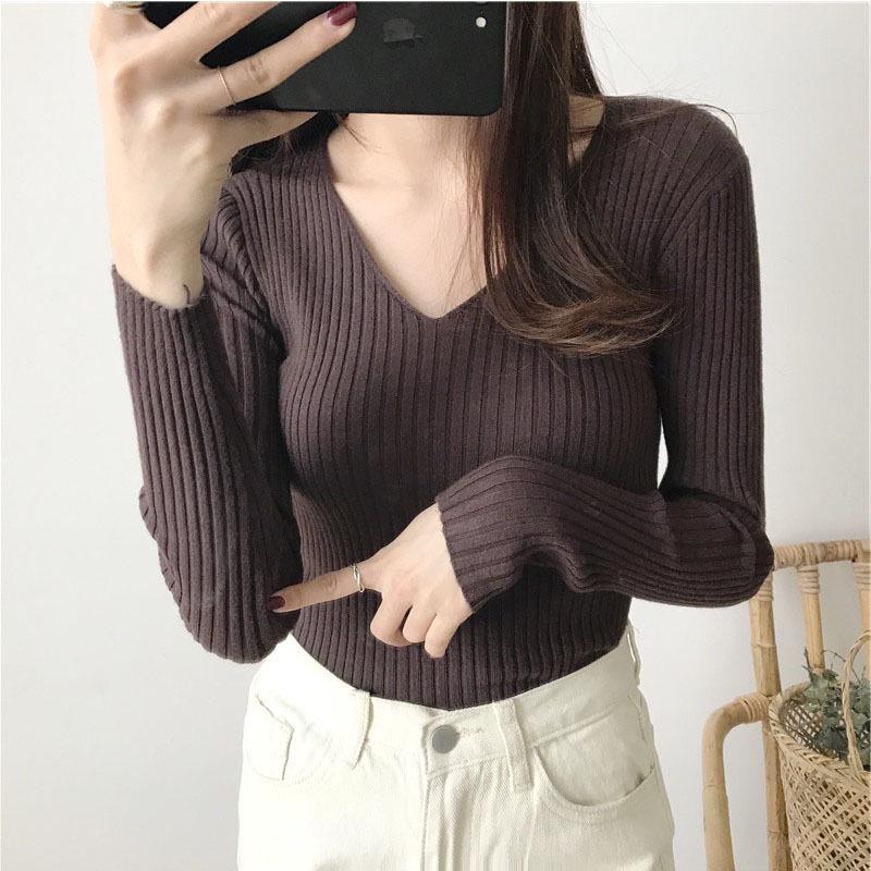 Áo len tăm cổ tim V nữ mềm mịn co giãn nhiều màu dễ phối đồ hàng Quảng Châu loại 1 AL02