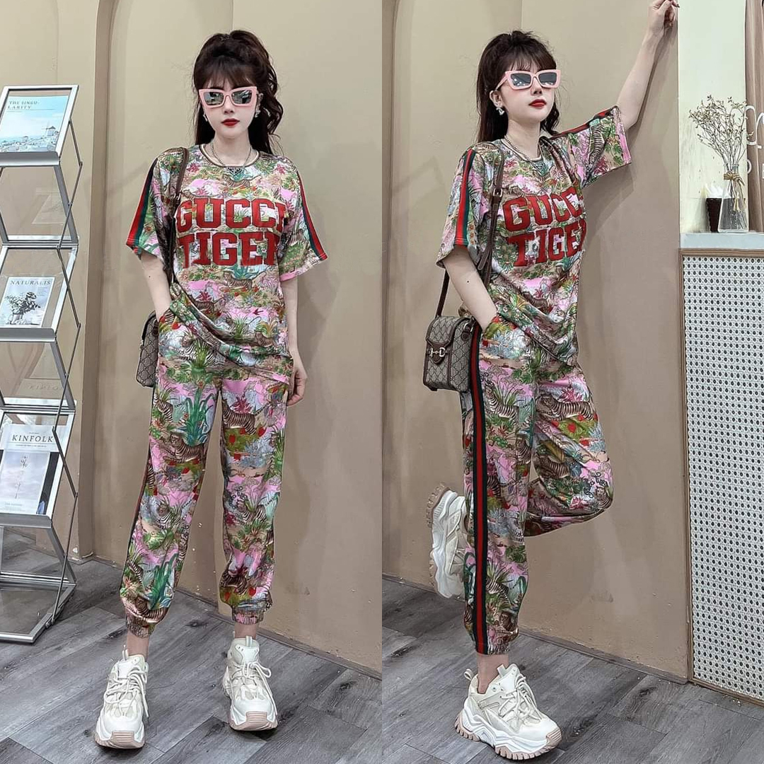 Đồ bộ thun cotton form rộng họa tiết hoa lá phối chữ