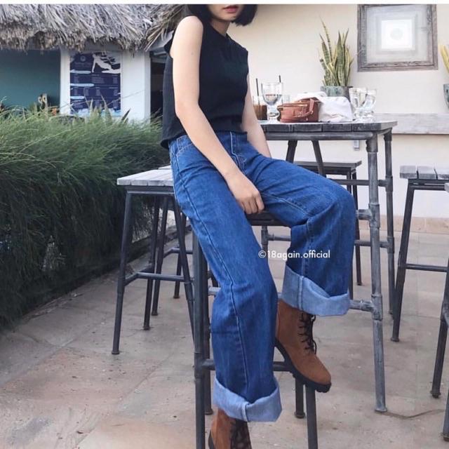 Quần Jeans Lưng Cao Qua Rốn BigSize / Quần Suông Ống Rộng Lửng 9 Tấc Không Giãn - Trơn