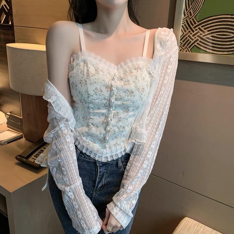 MS653 Áo hai dây ren lưới vạt bầu đính ngọc lưng chun